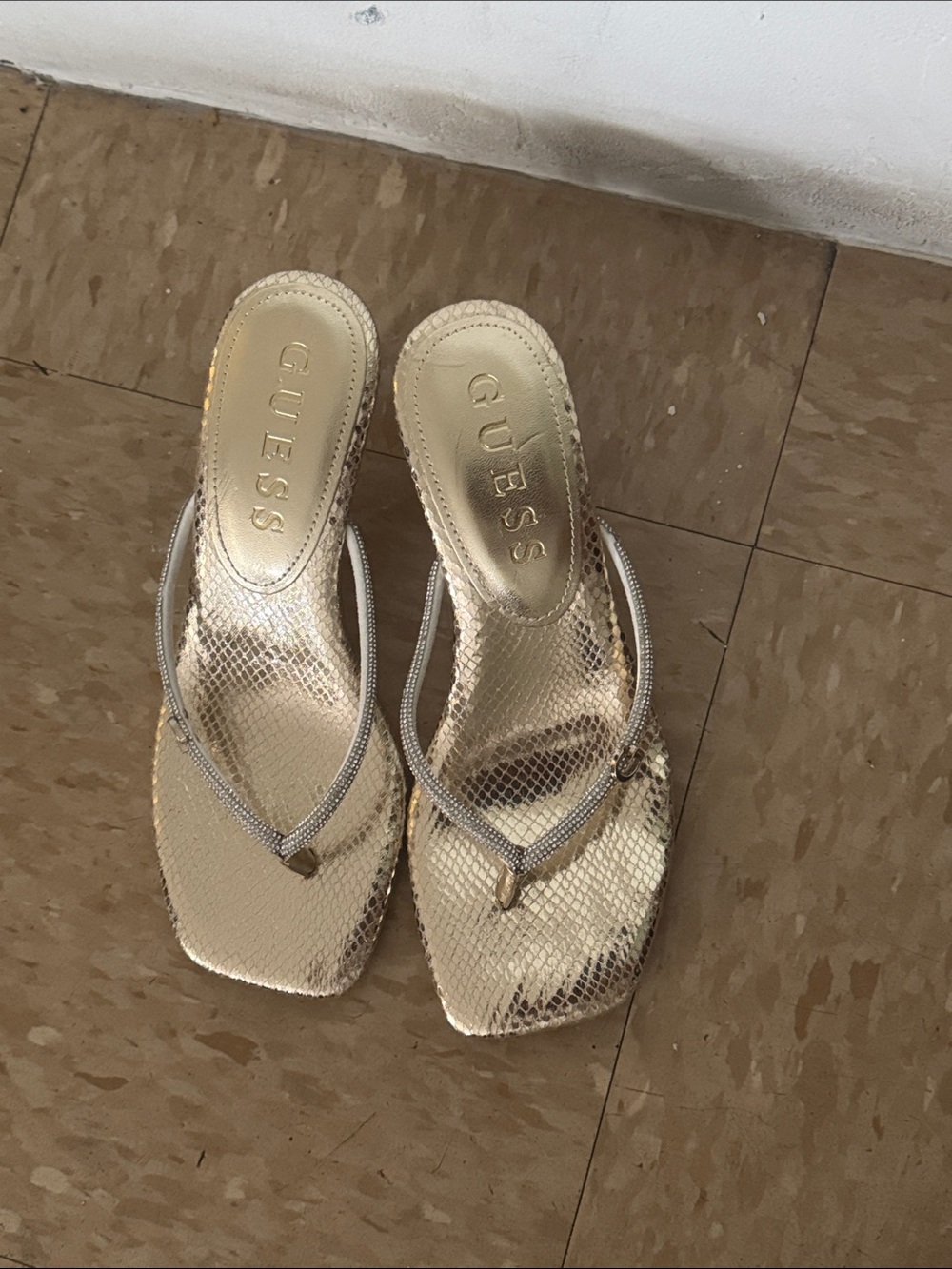 GUESS Gold Snake-Texture Thong Sandals with Sparkle Straps